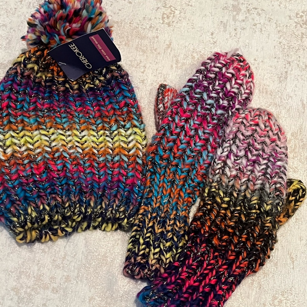 Cherokee Multicolor Knit Hat and Mittens Set